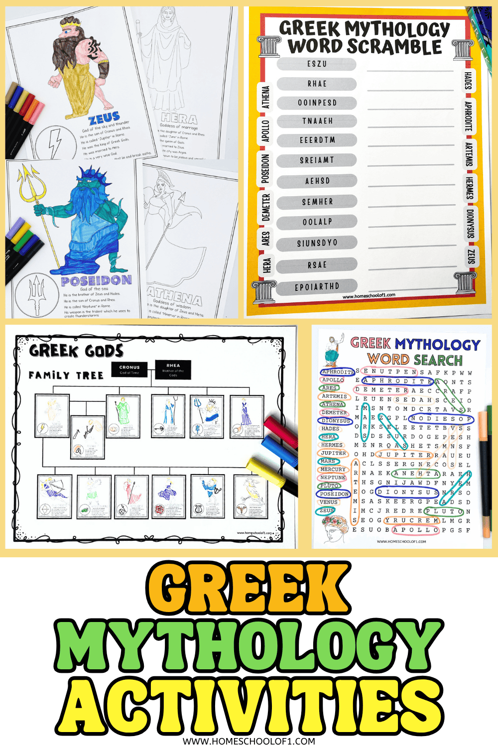 Greek mythology activities for kids with Greek gods coloring pages, family tree, word search, and word scramble