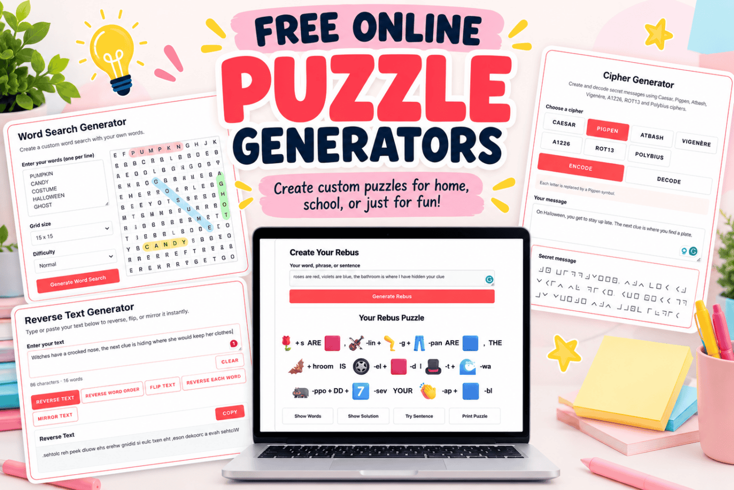 Free online puzzle generators showing custom word search, cipher, rebus, and reverse text puzzle makers
