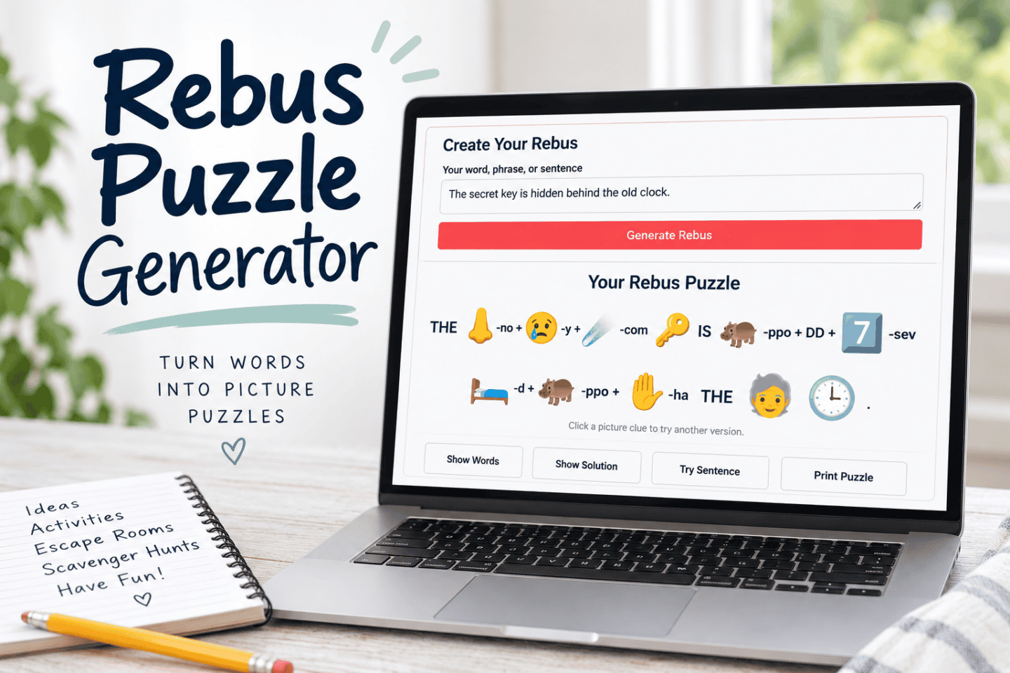 Rebus puzzle generator creating picture and word puzzles from sentences for escape rooms and scavenger hunts