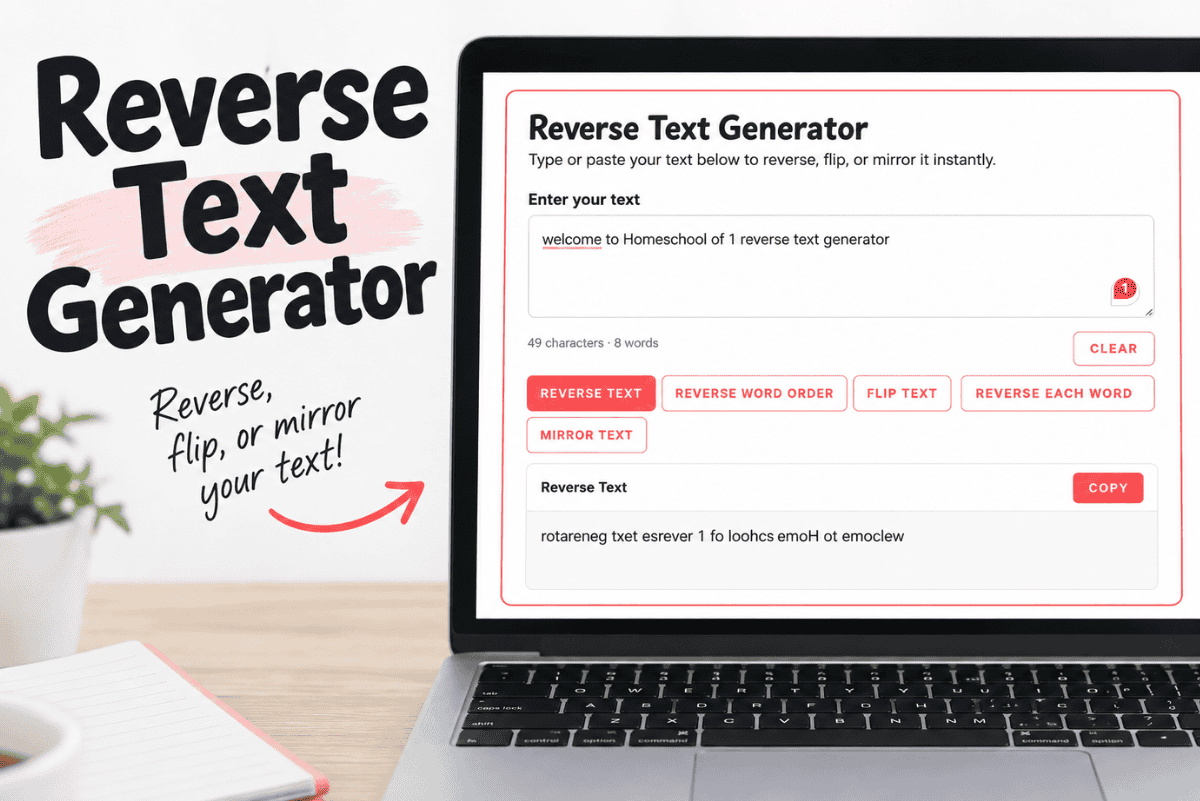 Reverse text generator showing options to reverse text, change word order, flip text, reverse each word, and create mirror text.