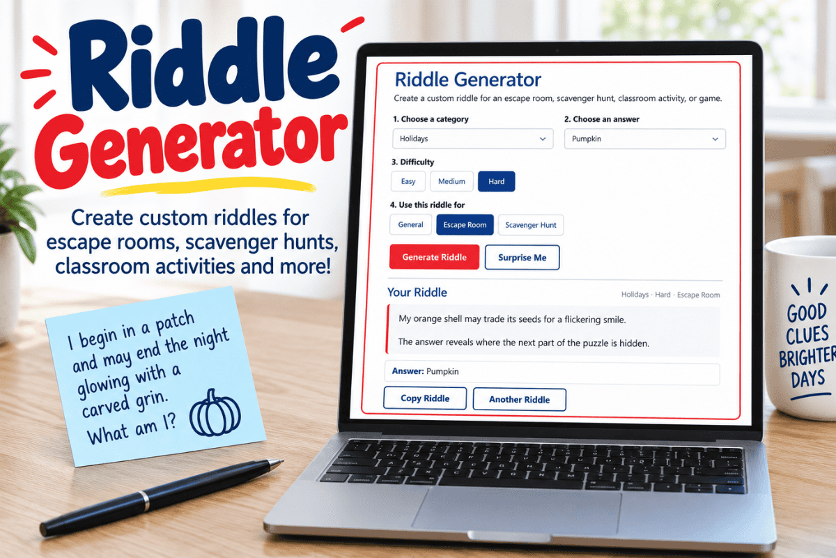 Free riddle generator for creating custom riddles, escape room clues, scavenger hunt clues, and number codes.