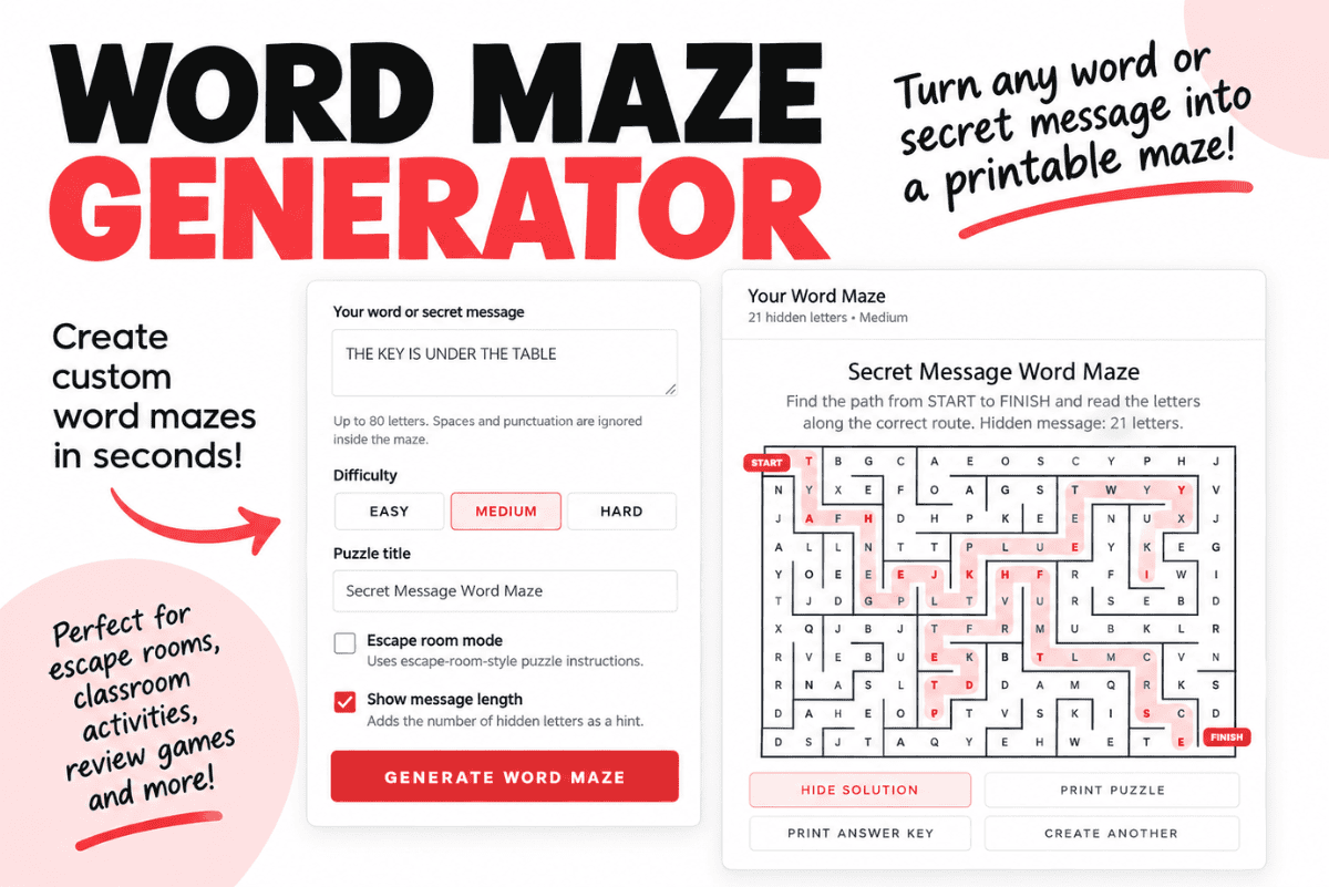 Word Maze Generator showing a custom secret message maze with a highlighted solution path