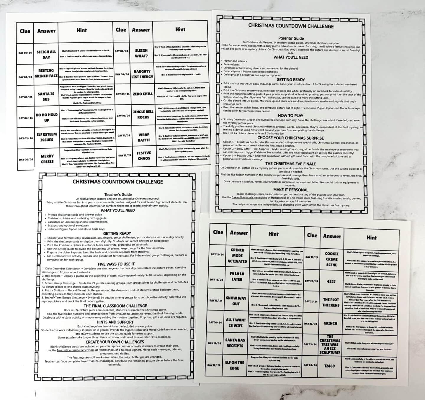 Printable Christmas escape room answer sheets with parent and teacher guides