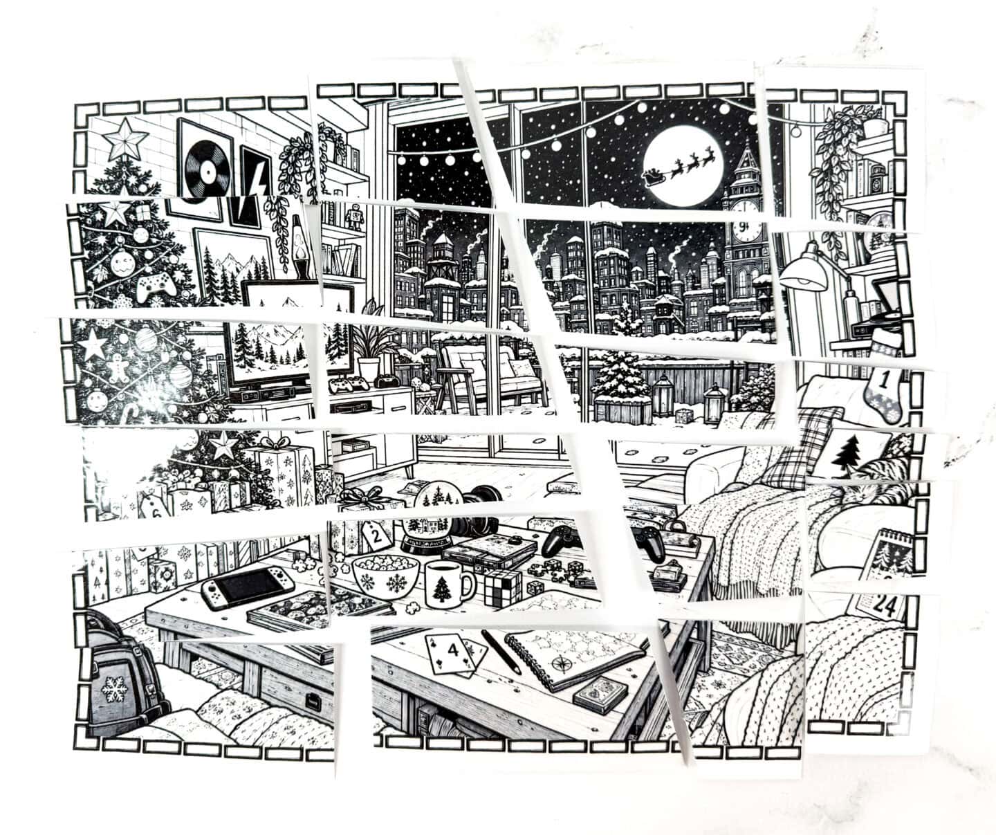 Assembled Christmas mystery picture cut into 24 irregular puzzle pieces
