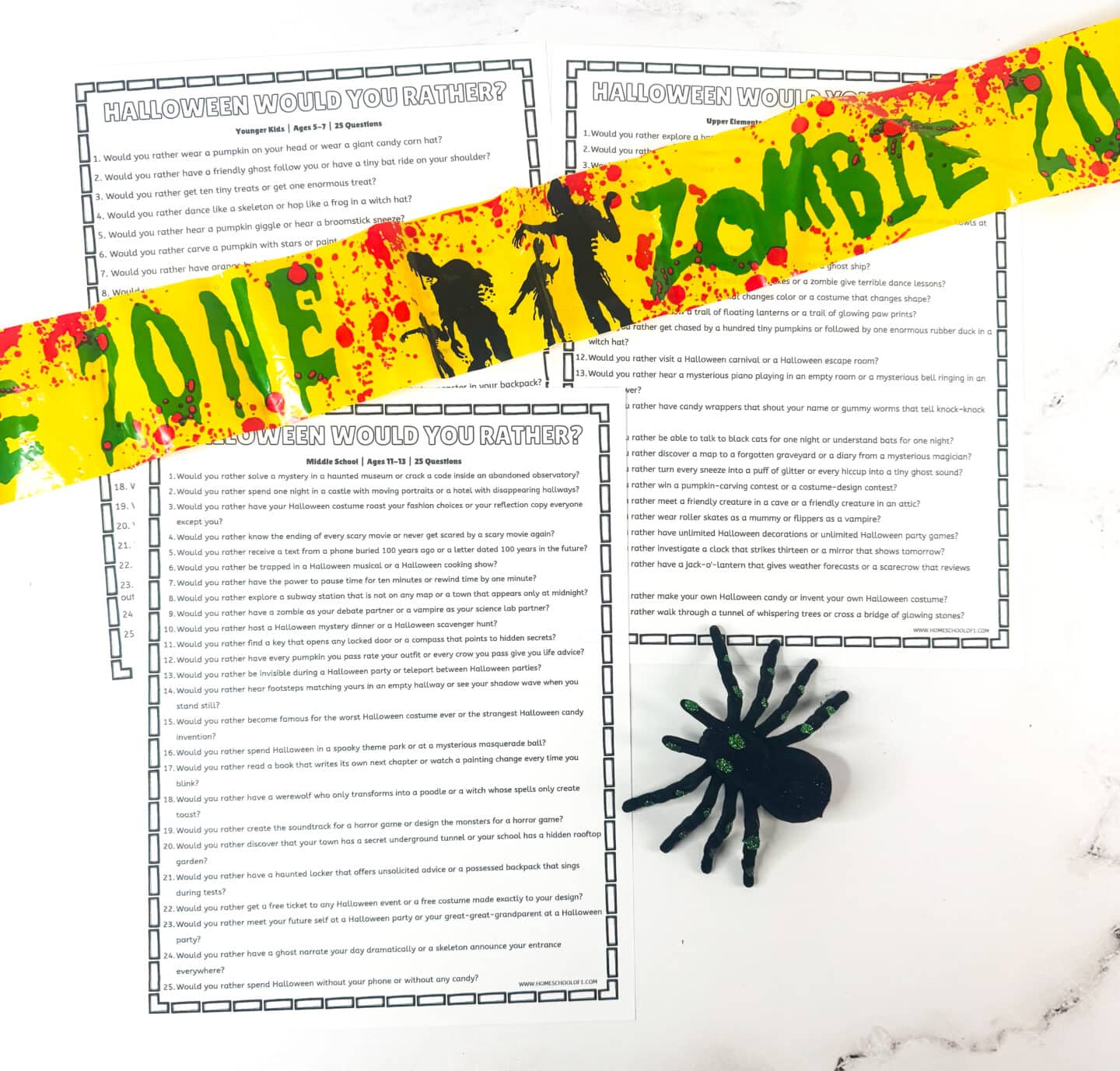 Free printable Halloween would you rather questions for kids, with 75 questions across three age groups on three worksheets.