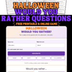 Halloween would you rather questions for kids with a free printable PDF and interactive online game featuring 75 questions.