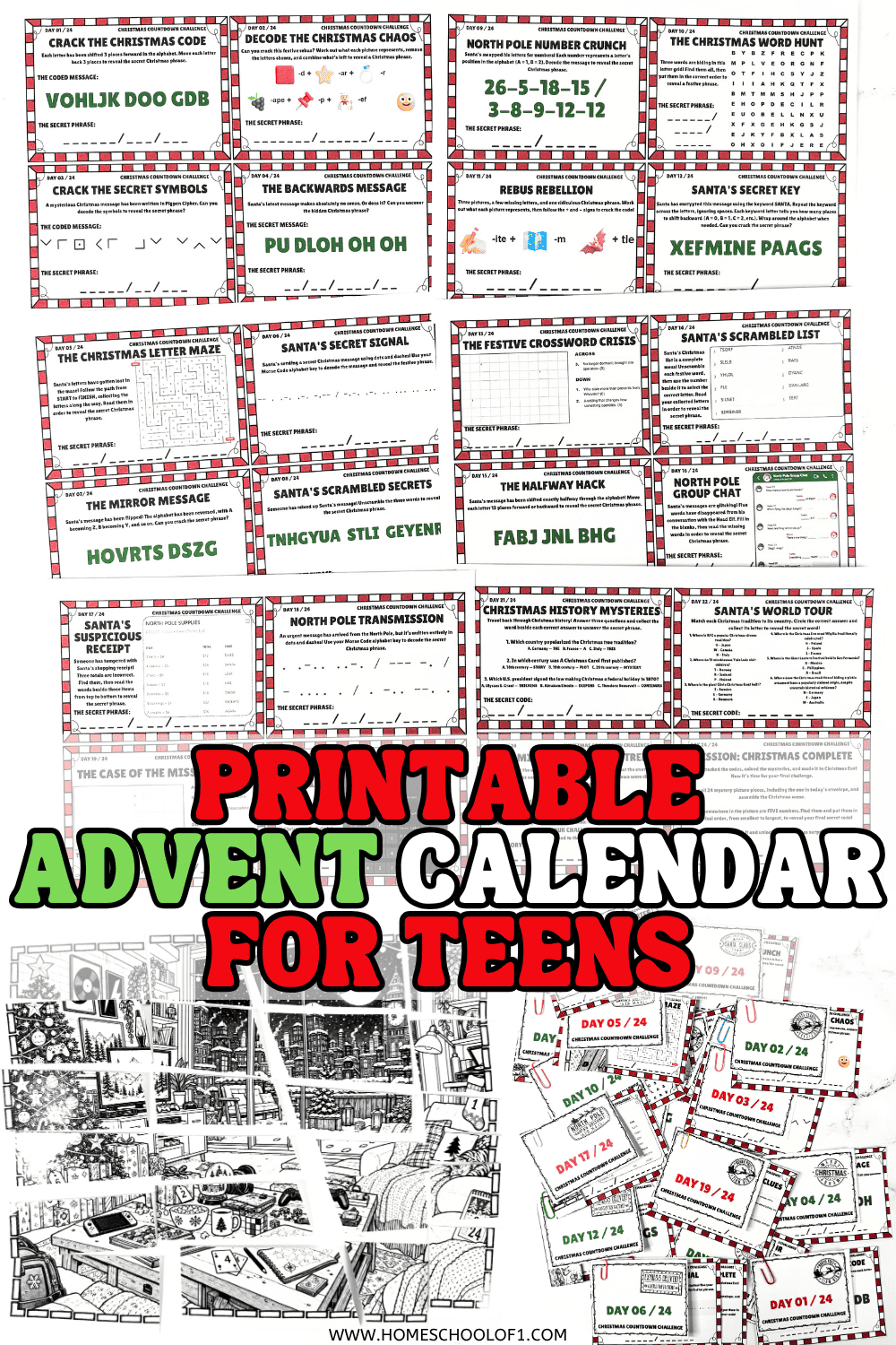 Printable Advent calendar for teens featuring 24 Christmas puzzle cards.