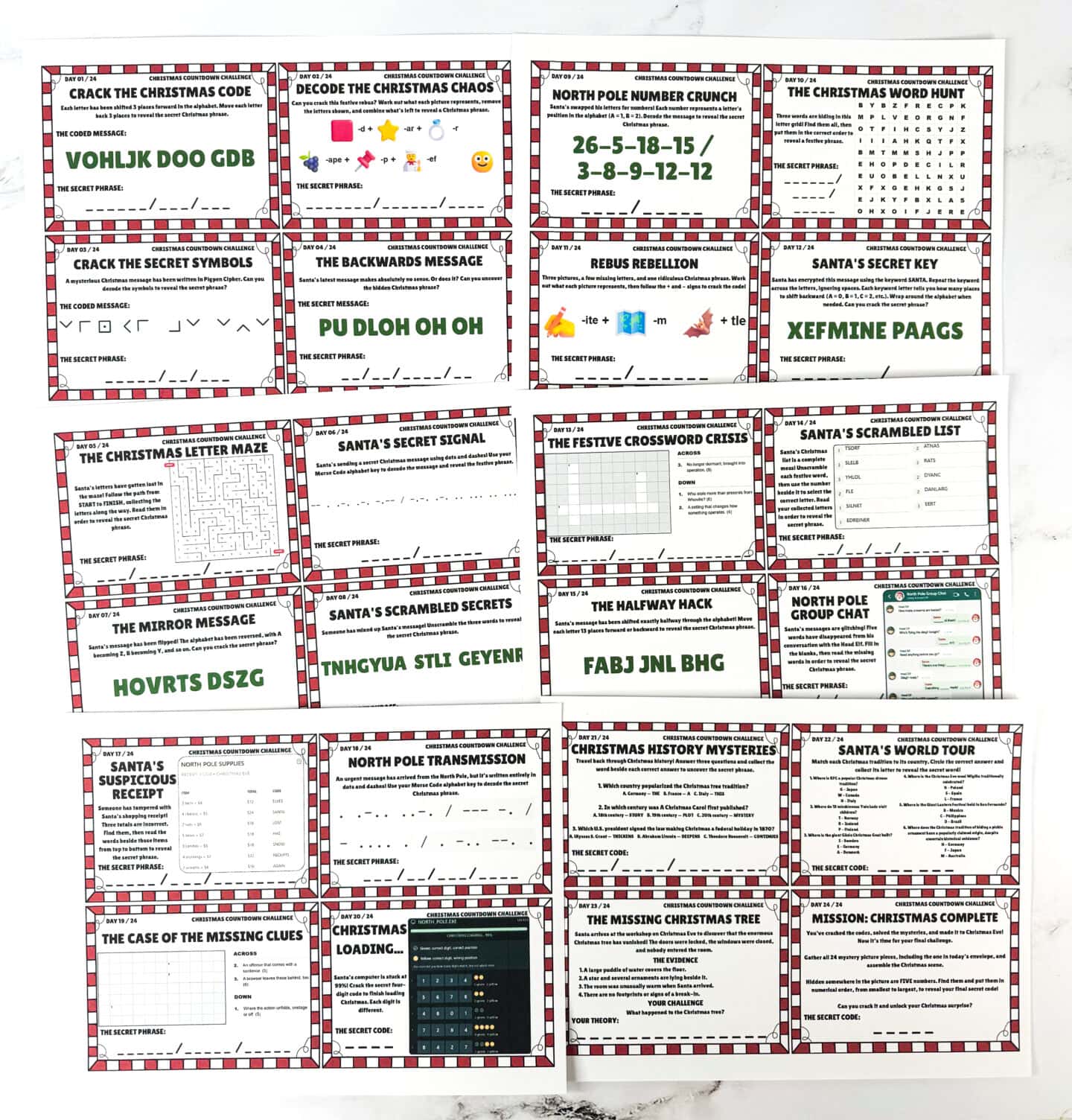 Christmas Advent escape room puzzle cards featuring ciphers, word games, and trivia