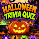 Free online Halloween trivia quiz with questions about spooky traditions, Halloween movies, history, and science, illustrated with pumpkins, a witch's hat, haunted house, and cauldron.