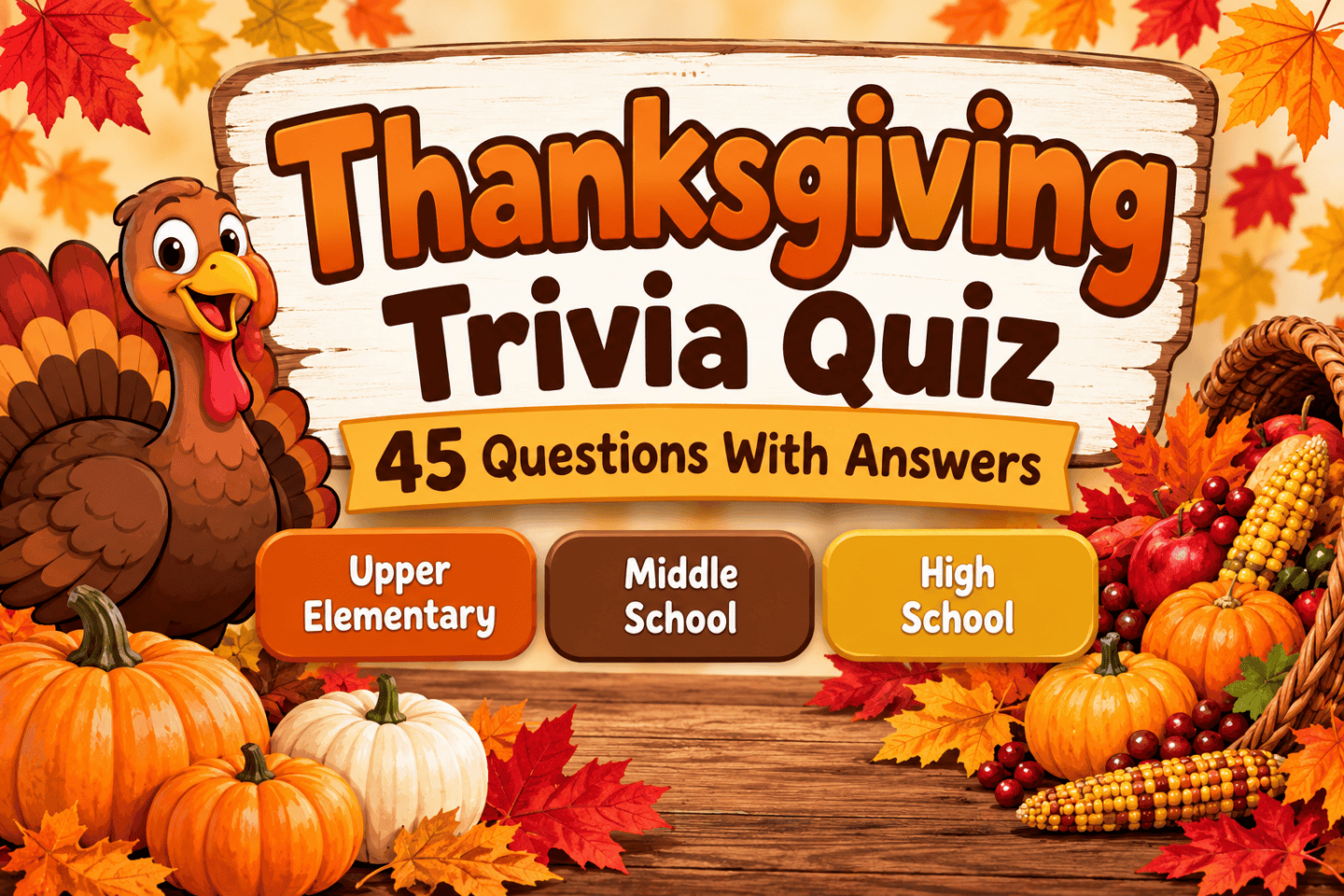 Thanksgiving trivia quiz with 45 questions and answers for kids and teens.
