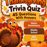 Thanksgiving trivia quiz for kids and teens with three difficulty levels and 45 questions.
